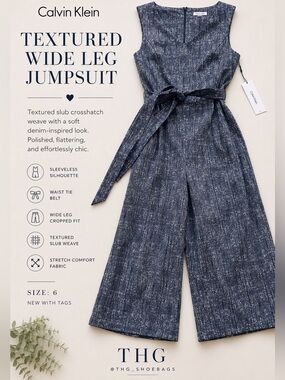 Calvin Klein Textured Wide Leg Jumpsuit Belted Dressy Romper NWT 6